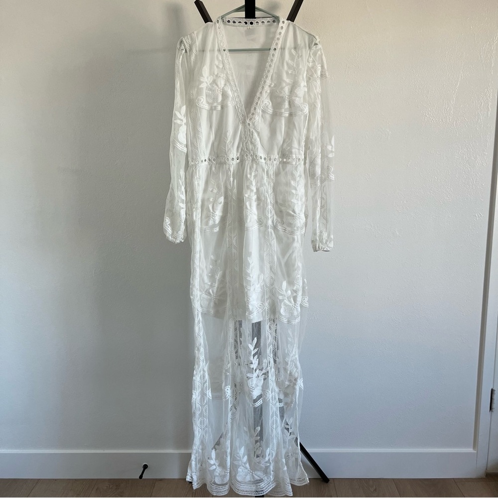 White Sheer Embroidered Maxi Dress
